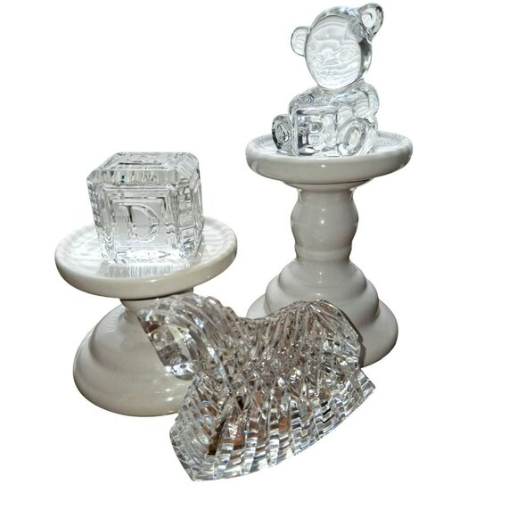 Waterford Crystal Bear Block & Rocking Horse Figurines Baby Gift Set Keepsakes